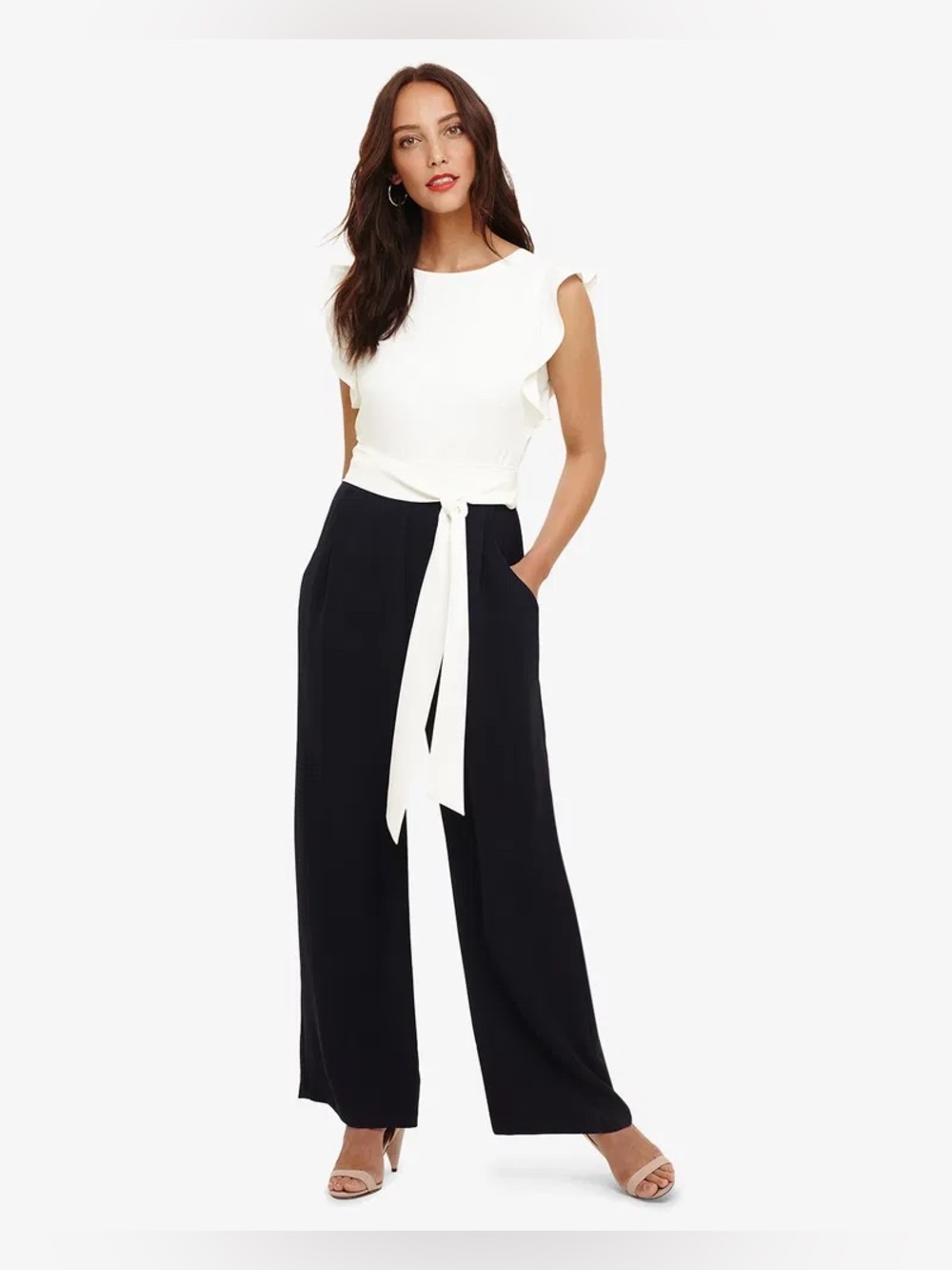 Phase Eight White Ruffle Navy Blue Belted Pocket Wide Leg Tailored Jumpsuit - Picture 12 of 16